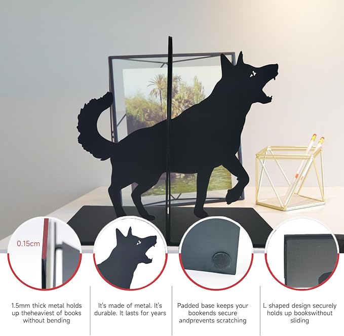 ENCIMART Wolf Book Ends Decorative for Shelves, Black Metal Bookend Supports for Heavy Books, Book Stoppers for Home Office Desktop Organizer for Men and Book Lovers Gift