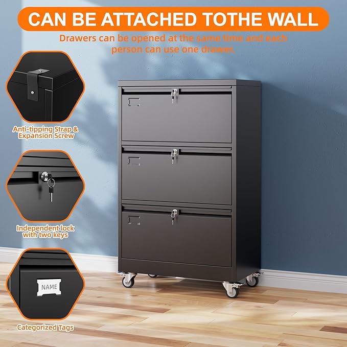 METAN 3 Drawer Lateral File Cabinet on Wheels with Locks, Heavy Duty Metal Rolling Filing Cabinet for Home Office, for Letter, Legal Size Folders, Black, 16" D x 29" W x 47.5" H, Assembly Required