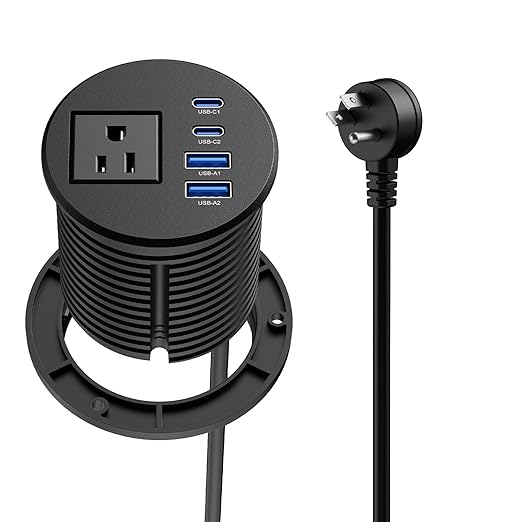 2.5-inch Desk Power Grommet, Recessed Power Grommet with 20W USB C, 1 Outlet, Flush Mount Power Outlet for Desktop Conference Room Furniture Table, Black