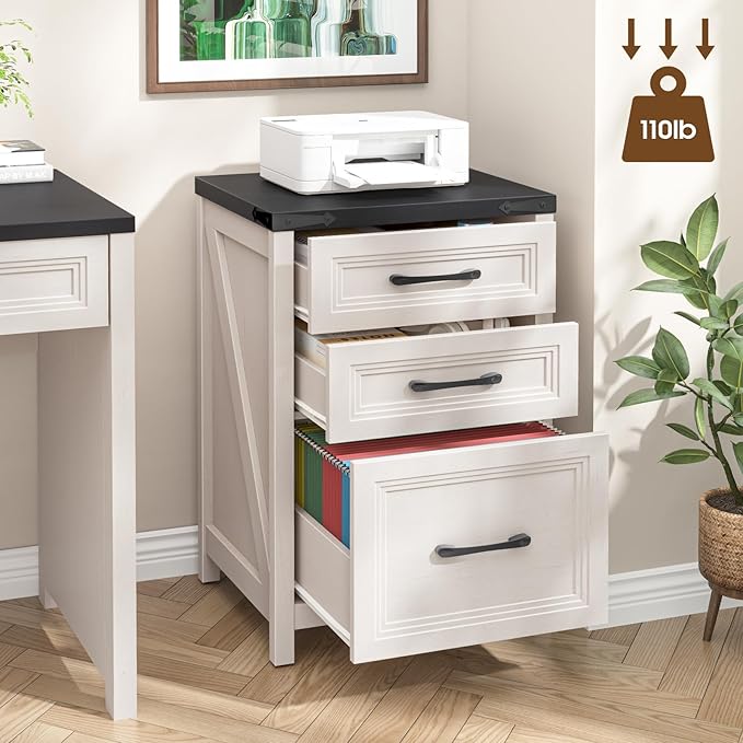 Vabches 3 Drawer Vertical File Cabinet, Wood Farmhouse Filing Cabinet Fits A4/Letter Size, Under Desk Small File Cabinets Printer Stand with Storage for Home Office, White and Black