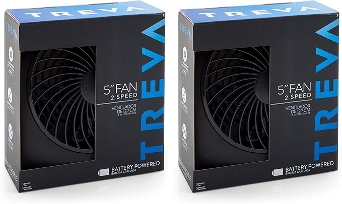 Treva 5 Inch Battery Powered Fan Portable Desk Fan 2 Cooling Speeds with Compact Folding & Tilt Design Cubicle Accessories Small Portable 2 Pack (Black)