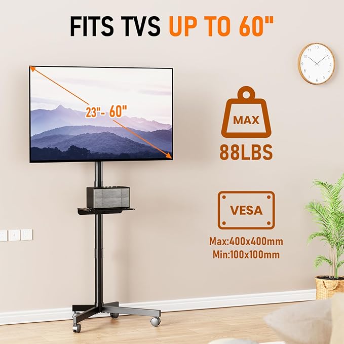 Mobile TV Cart Rolling TV Stand for 23-60 Inch LCD LED OLED Flat Curved Screens up to 88 lbs, Height Adjustable Portable TV Cart with Shelf/Wheels, Outdoor TV Stand Mount, Max VESA 400x400mm, Black