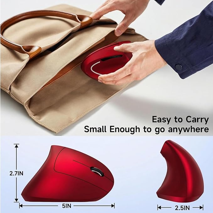 Ergonomic Vertical Wireless Mouse Stylish Rechargeable 2.4G Optical Mice Cordless Mouse with USB Receiver, 800/1200 /1600 DPI, 5 Buttons for Laptop,PC,Mac,Computer (Red)