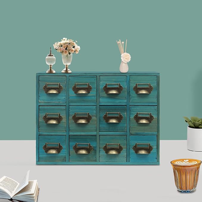 12 Drawer Drawers Storage Cabinet, Wooden Medicine Cabinet Desktop Drawer Organizer Herb Storage Box with Solid Wood Build & No Assembly for organize spices medicines jewelry cosmetics(Blue)