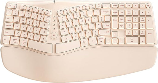 Bow Split Ergonomic Keyboard Wireless with Cushioned Wrist & Palm Rest, Wireless 2.4G/Bluetooth/Wired USB-C, Comfortable Natural Typing, Compatible with Windows/Mac/PC/Laptop, Milk Tea