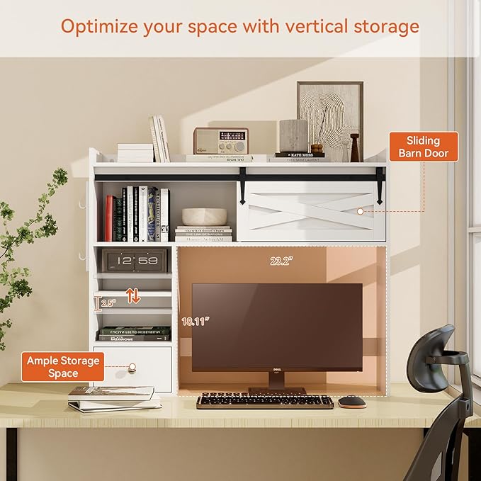ELECWISH Desktop Bookshelf, Desk Shelf with Drawer for Computer Desk, 36.22" 7-Tier Adjustable Desktop Hutch Organizer with Pegboard for Home Office, Oak