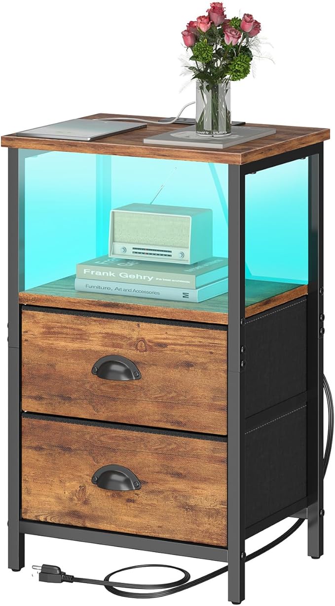 sthmec Nightstand with Charging Station, Night Stand with 2 Fabric Drawers, Bedside Table End Table with LED Light, 3-Tier Storage Side Table Nightstand with Drawers for Bedroom,Rustic Brown