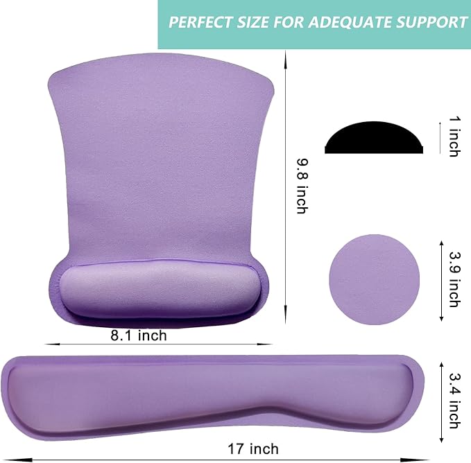 Keyboard Wrist Rest Pad Mouse Pad with Wrist Support Set of 3, Gaming Mousepad with Non-Slip Rubber Base, Ergonomic Memory Foam Mouse Cushion Support for Home Office Laptop Computer, Purple