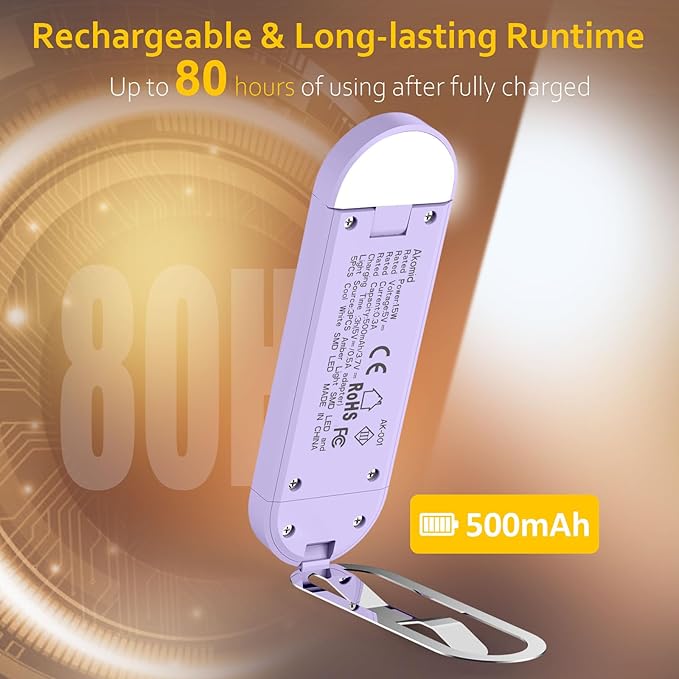 Akomid USB Rechargeable Book Light for Reading in Bed, 8 LEDs Bookmark Style Clip on, Eye-Cared Amber Light Mode for Kids, Blue Light Blocking, Stepless Dimming, Purple