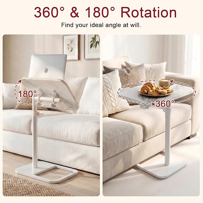 GOYLSER Adjustable Height Sofa C Table, 360° Swivel/180° Flip-Over Panel Side Table with Tablet Slots for Small Spaces, Morden TV Tray Couch Tables for Dinner Eating (White Marble)