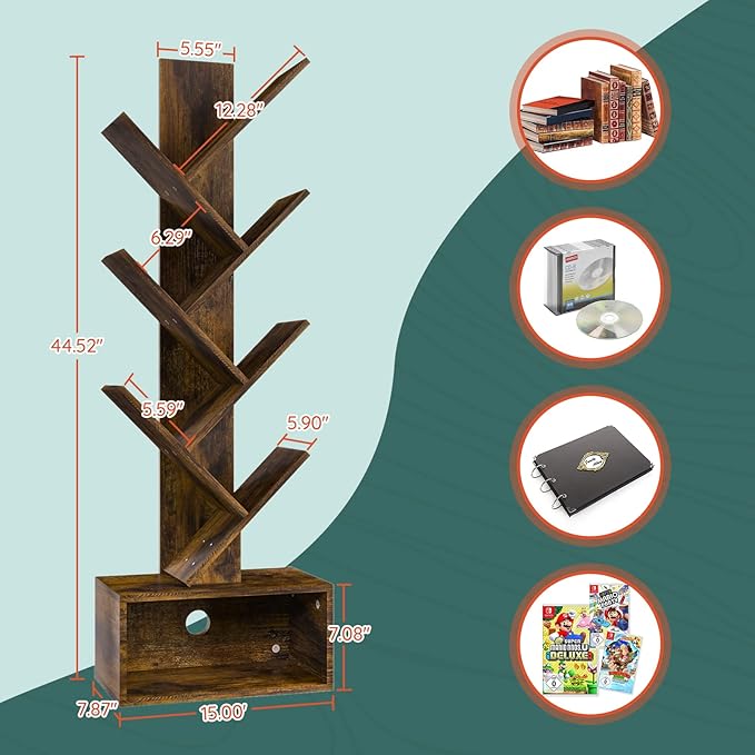 Yoobure Tree Bookshelf - 6 Shelf Retro Floor Standing Bookcase, Tall Wood Book Storage Rack for CDs/Movies/Books, Utility Book Organizer Shelves for Bedroom, Living Room, Home Office, Rustic Brown