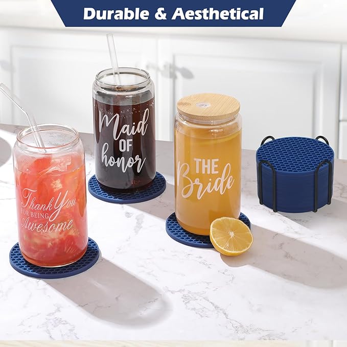 TWTLi Silicone Coasters Set of 8 Holder,Coasters for Drinks,Beer,Coffee Coasters,Suitable for Kinds Cups,Hot or Cold,Anti-SLI,Non-Stick,Anti-Overflow Tabletop Protection and Decor (12 Pcs, Navy Blue)