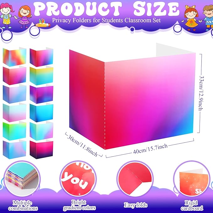 SATINIOR 24 Pcs Privacy Folders for Students, Desk Dividers for Classroom Testing, Student Privacy Boards Classroom Must Have, 12 Colors Study Panel for School Teacher Supplies(Bright Style)