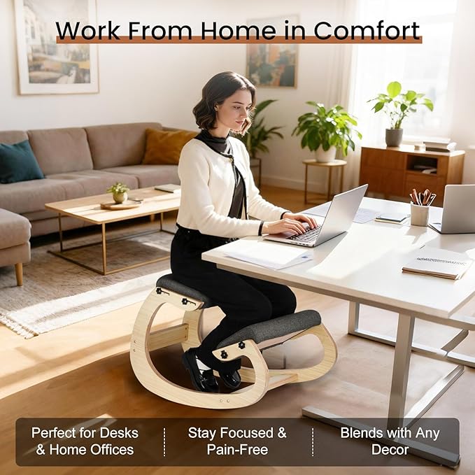 Ergonomic Kneeling Chair - Adjustable Seat, Smooth Rocking Base for Active Posture, Relieves Back & Spine Pressure for Office &Home Sturdy Kneeling Desk Chair Holds 300 lbs, Durable & Stable