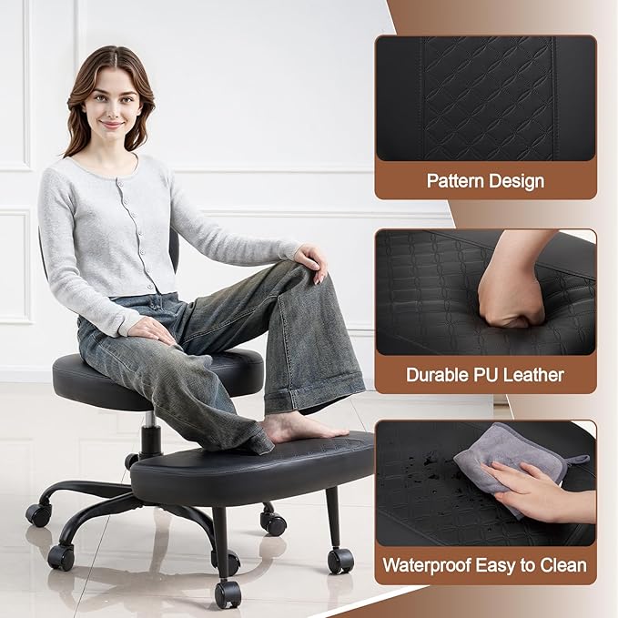 Ergonomic Cross Legged Office Chair with Wheels, Criss Cross Desk Chair with Leg Rest, Meditation Chair Yoga Kneeling Chair, Adjustable ADHD Chair Black