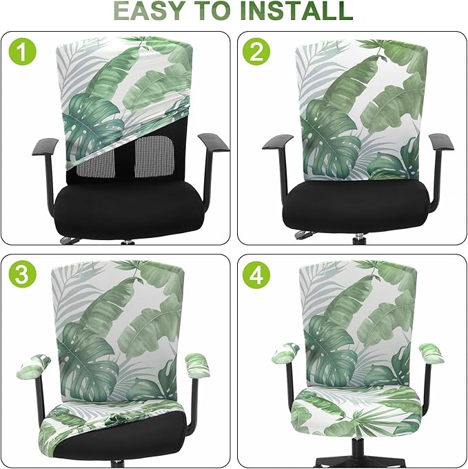 Tallew 4 Pcs Office Chair Covers Set Computer Universal Protective Stretchable Chair Seat Covers Desk Armrest Cover Pads Office Cushion Backrest for Rotating(Palm Leave,Green)
