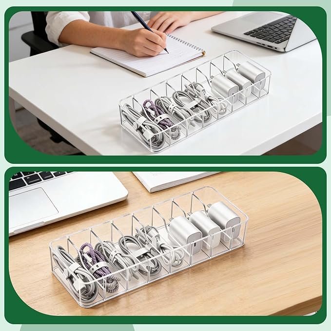 3 Pack Cable Organizer Storage Box with 30 Wire Ties and Sticker, Clear Cord Storage Organizers with Lid, Phone Charger Organizer Case Wire Organizers, Desktop Cable Management Box for Home Office
