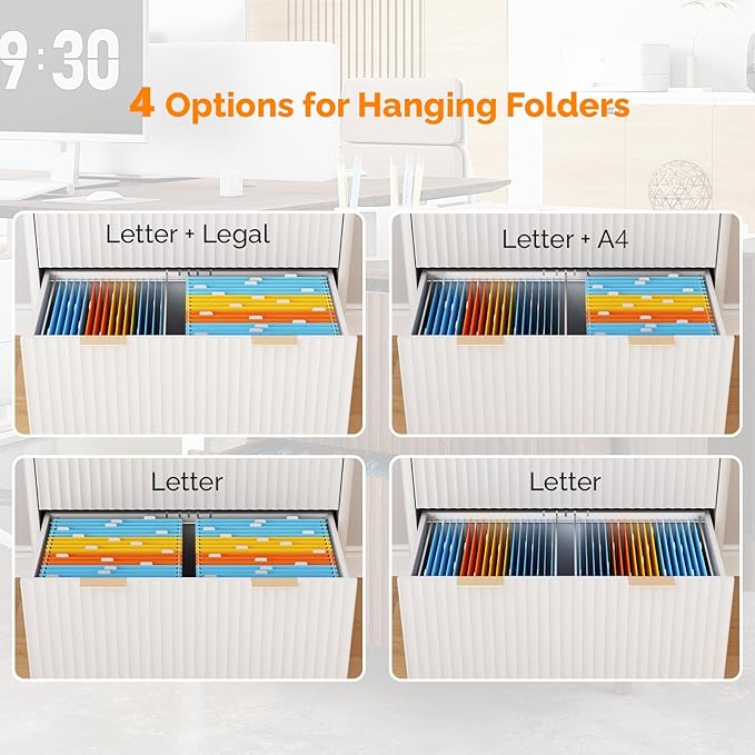 VINGLI 2 Drawer File Cabinet, Home Office Filing Organizer, for Letter Legal A4 Size File Folder Storage, Modern Style Fluted Design, Wood Lateral Filing Cabinet, Printer Stand, Archivador, White
