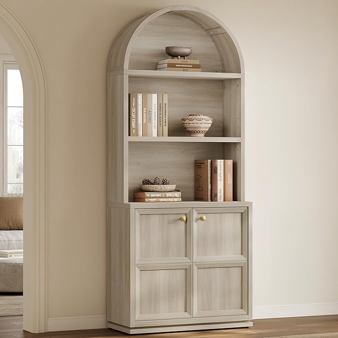 SICOTAS 81" Tall Arched Bookcase, Large Book Shelf with Storage, Modern 5-Tier Arched Cabinet with Adjustable Shelves & Cable Management for Home Office Library Living Room Kitchen, Grey White Oak