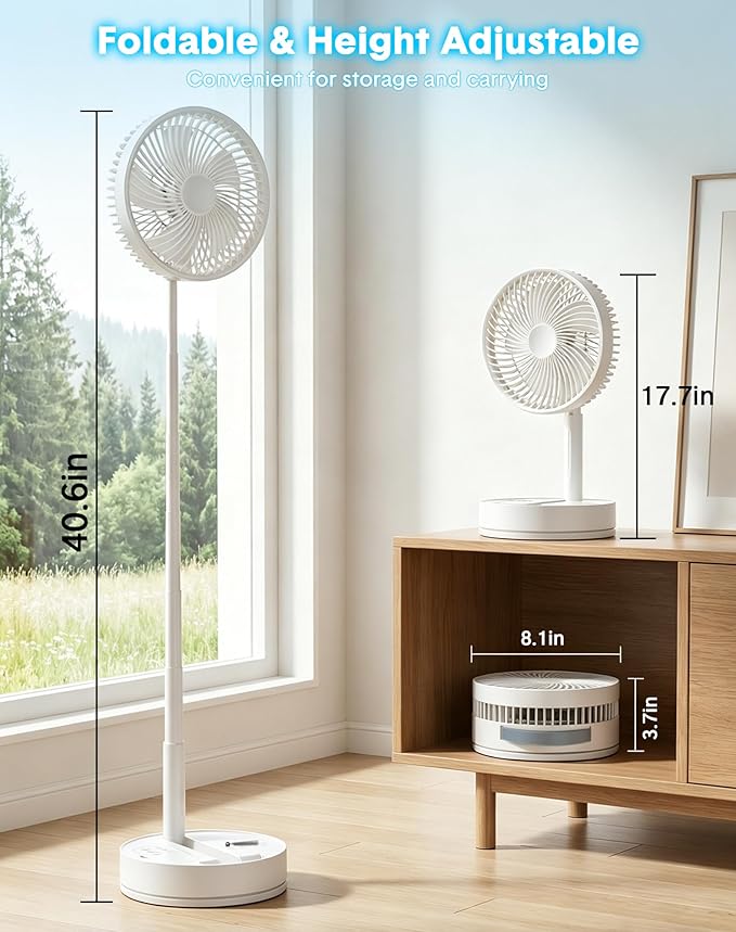 Portable Standing Oscillating Rechargeable Fan - 8" 8000mah Battery Operated USB Fan for Bedroom Quiet Remote Folding Pedestal Floor Ventilador Table Desk Fans for Room Office Camping Travel White