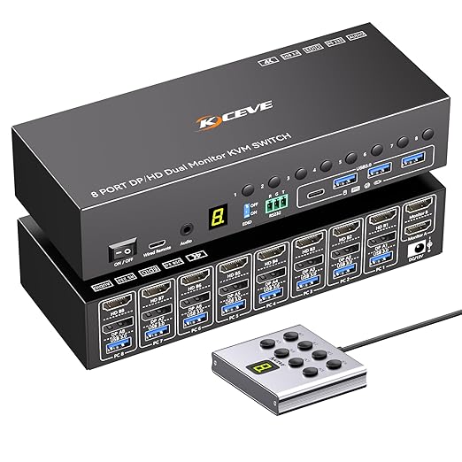 8 Port KVM Switch 2 Monitors 8 Computers 4K@60Hz EDID Simulation,8 PC HDMI Displayport Dual Monitor KVM Switch with 4 USB 3.0 Ports, Audio, RS232, Wired Remote, 12V Adapter & 8 USB Cables