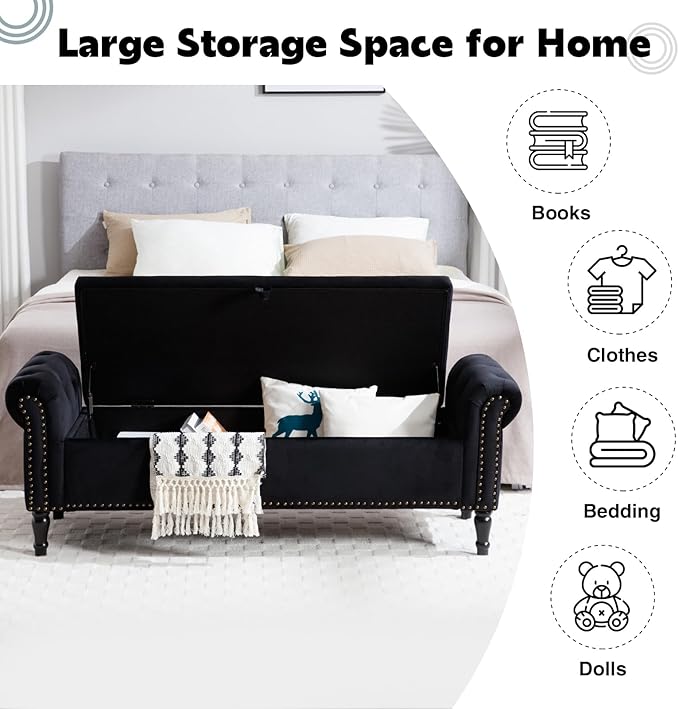 67'' Storage Bench for Bedroom End of Bed, Storage Bench for King Size Bed, Upholstered Tufted Storage Ottoman Benches with Arms for Living Room Entryway,Velvet Black