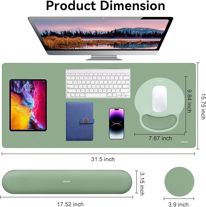 MOSISO Wrist Rest for Keyboard Mouse Pad Set, Large Gaming Deskpad&Circle Curved Mousepad&Keyboard Wrist Rest&Coaster, Ergonomic Non-Slip Mousepad&Easy Typing Pad with Silicone Lining, Green