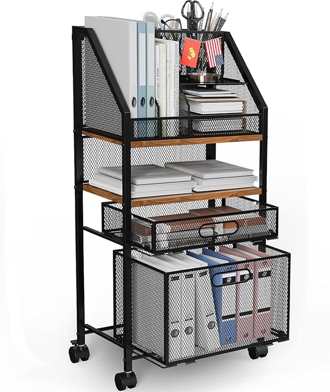 Rolling File Cart with 2 Drawers Metal Moving Craft Storage Cart with Lockable Wheels Wood&Mesh Rolling File Organizer Filing Cabinets for Home Office Classroom Organization(31 * 15 * 10 Inch)