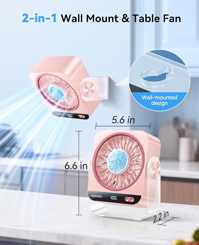 KIMMOO USB Desk Fan for Bedroom, 199 Speeds Turbo Airflow, Portable Fan with Ice Cooling, Digital Display Quiet Table Fan, 270° Rotating Small Rechargeable Battery Desktop Fans for Home Office (Pink)