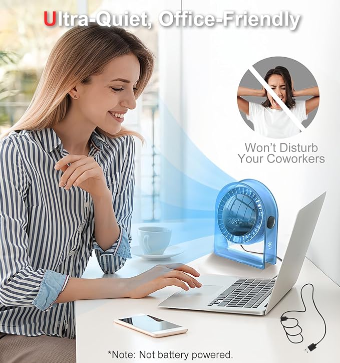 RANVOO Quiet Desk Fan, Air Circulator Mini Fan for Bedroom, 4 Speeds Strong Airflow Portable Fan, Smart Display USB Fans,120°Tilt, Small Desktop Table Fans For Office Room Home,Translucent Blue