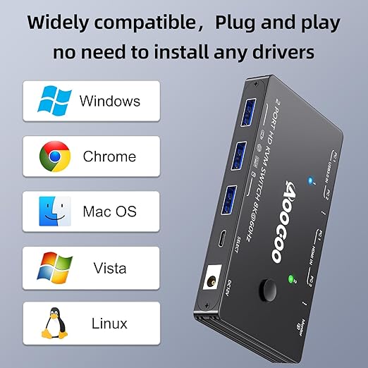 8K@60Hz HDMI KVM Switch 1 Monitors 2 Computers 4K@144Hz KVM Switches with USB 3.0 Port,Wired Remote,Power Adapter and USB3.0 Cables Included(10cm 2 PC 1 Monitor 8K KVM)