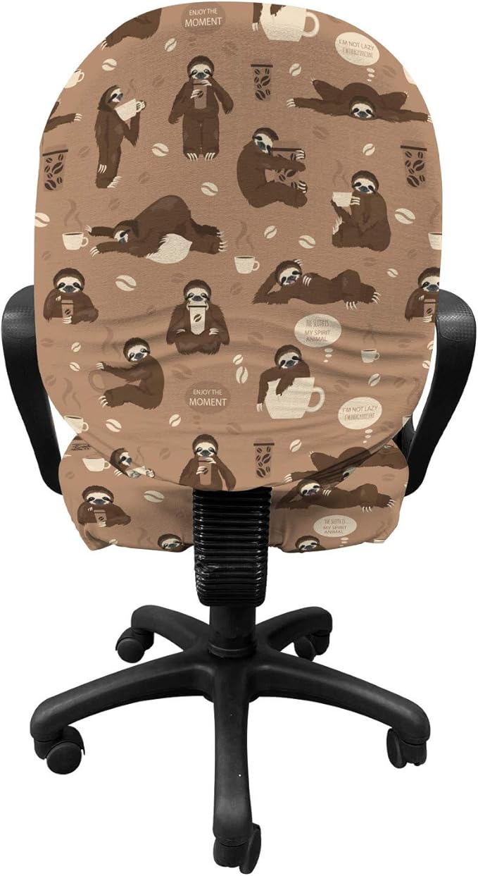 Ambesonne Funny Sloth Office Chair Slipcover, Morning Coffee Hugging Lazy Animal Various Postures Animal, Protective Stretch Decorative Fabric Cover, Standard Size, Umber Beige