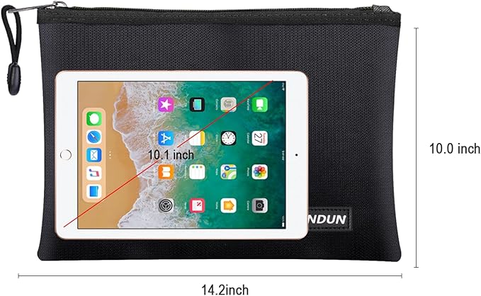 JUNDUN Fireproof Document Bags,14.2”x 10.0”Waterproof and Fireproof Money Bag with Aluminum Foil Lining,Fireproof Safe Storage Pouch with Zipper for Document and Cash，Black