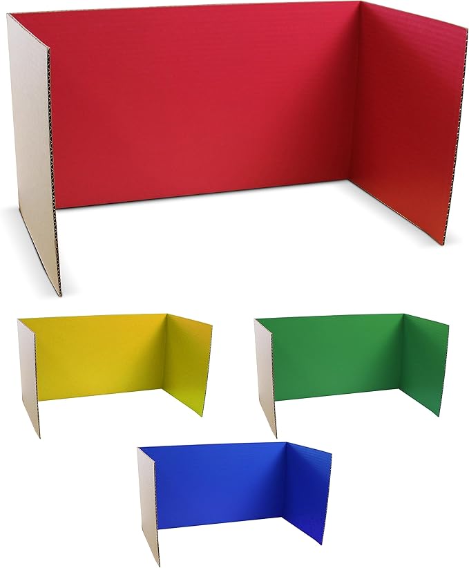 Flipside Products Assorted Color 12 Pack Study Carrel, 12”x48” Red, Green, Blue and Yellow Privacy Boards, Student Privacy and Focus Booth for The Classroom, Desk Divider Cubby for Tests, Made in USA