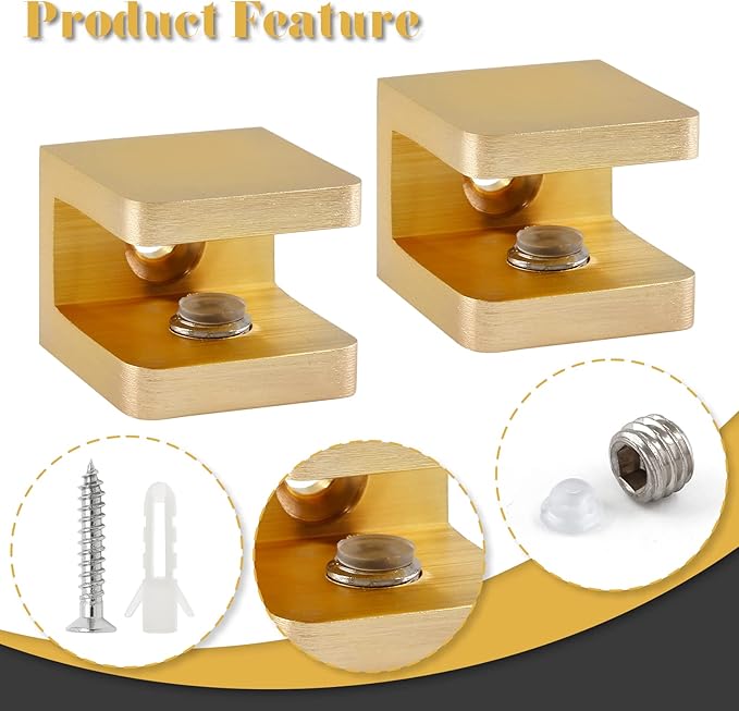 Uenhoy 4 Pcs Glass Clamps, No-Drill-on-Glass Glass Shelf Brackets Clips Adjustable Glass Clip Support for 8mm - 10mm Glass Wood Board, Brushed Gold