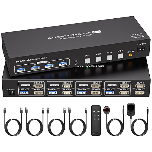 4 Port Dual Monitor HDMI KVM Switch 4 Computers 2 Monitors 8K 60Hz 4K 120Hz KVM Switches for Four PC Share Four USB 3.0 Devices Support Copy and Extend Mode 23CM Longth