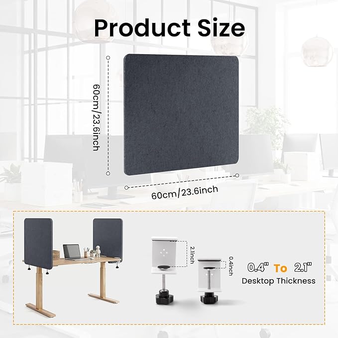 Desk Divider, Clamp On Felt Desk Privacy Panels, Acoustic Sound Absorbing Desk Partition for Office Desk, Reduce Distractions, Dark Gray, 1 Pack, 24 x 24 in