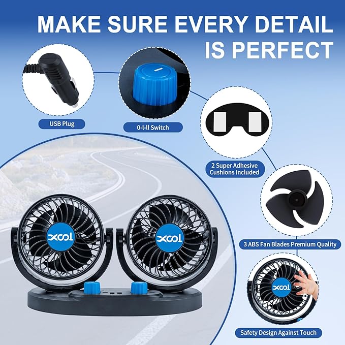 XOOL Car Fan – Car Cooling Fan with 2 USB Charging Ports, 2-Speed Adjustable, 360° Rotatable Dual Head Car Fan Quiet Strong Airflow, Cigarette Lighter Plug, Fan for Car, Vehicles, RVs, and SUVs