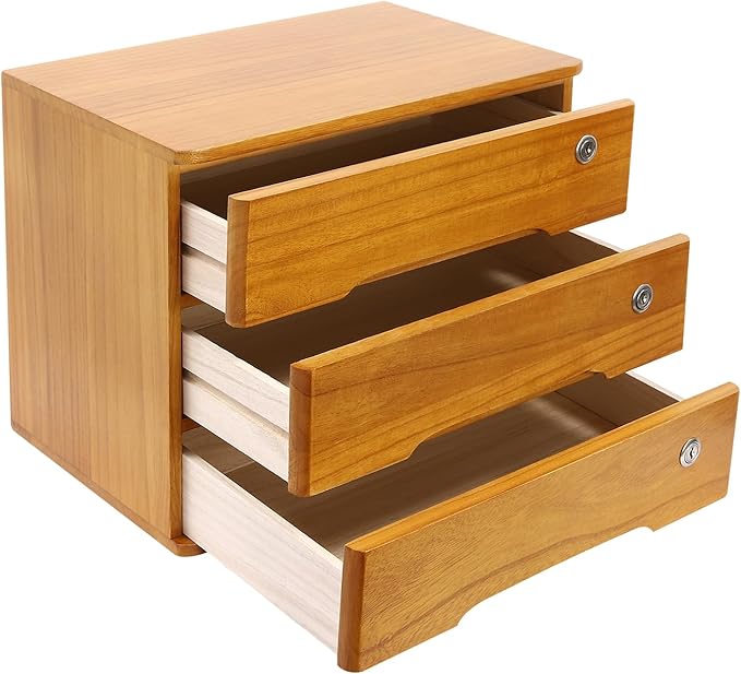 Wood Desk Organizer with 3 Drawers, Lockable Desktop Countertop Storage Cabinet for Home Office Supplies File Tabletop Organizing Unit, 15.75" x 11.02" x 12.2" (Brown)