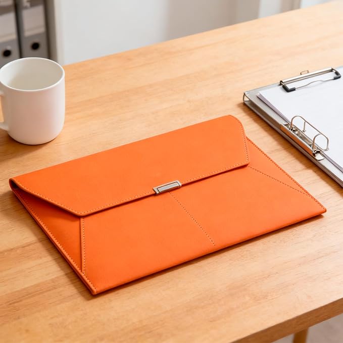 VANRA File Folder Document Holder Organizer Waterproof Portfolio Leather Folder Case with 3 Pockets, Filing Envelopes for A4 Letter Size Paper with Snap Magnetic Button Closure (Orange)