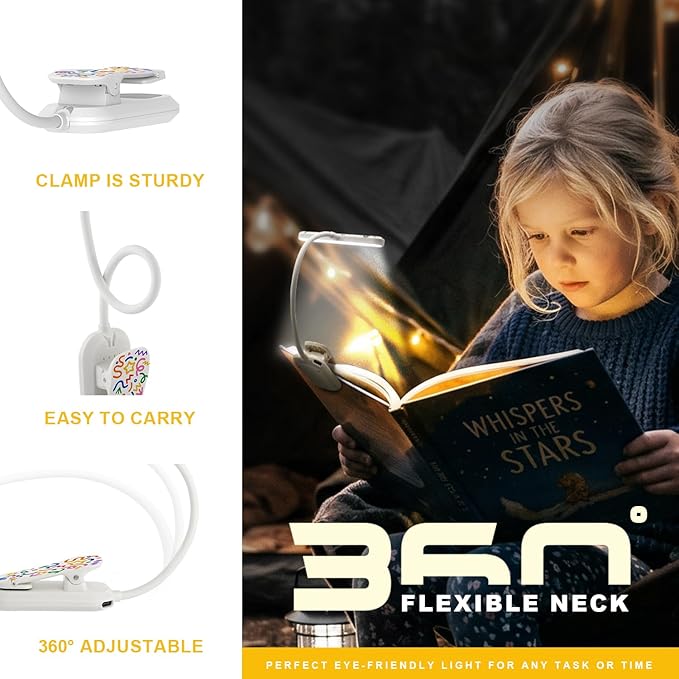 Rechargeable Kids Book Light 25 LEDs - Reading Light for Kids, Eye Caring 3 Colors & 5 Brightness Levels, Extended 1200mAh Battery, Gifts for Kids & Book Lovers (White Doodle)