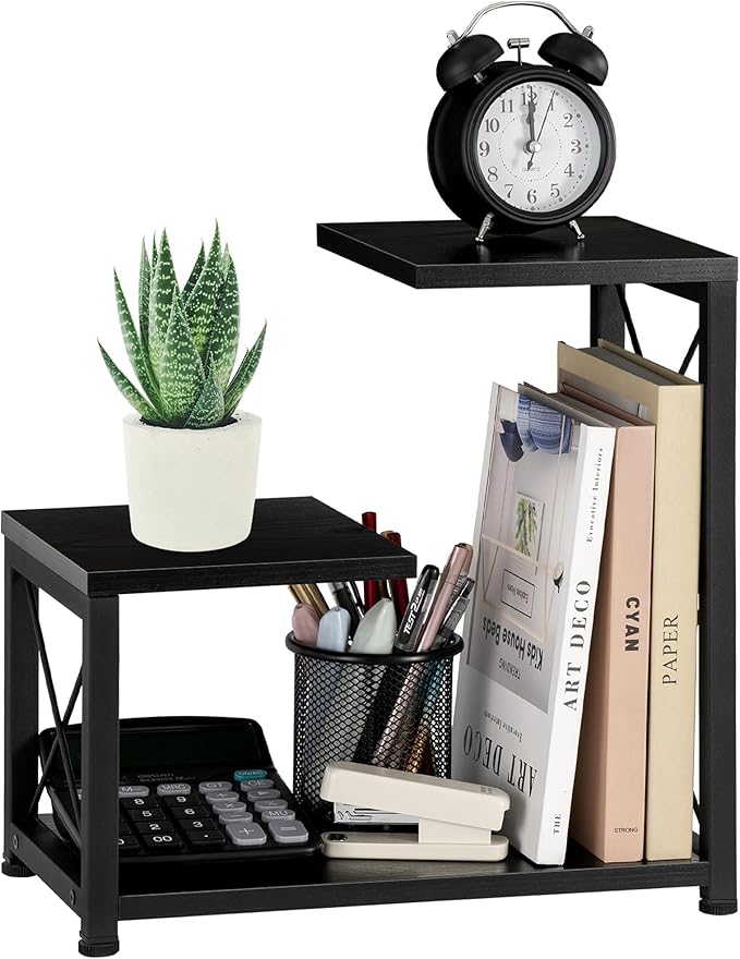 Desk Shelf Organizer, 3-Tier Wood Desk Bookshelf, Small Tabletop Book Shelf, Adjustable Display Rack for Office Decor and Desk Accessories,Rustic Black