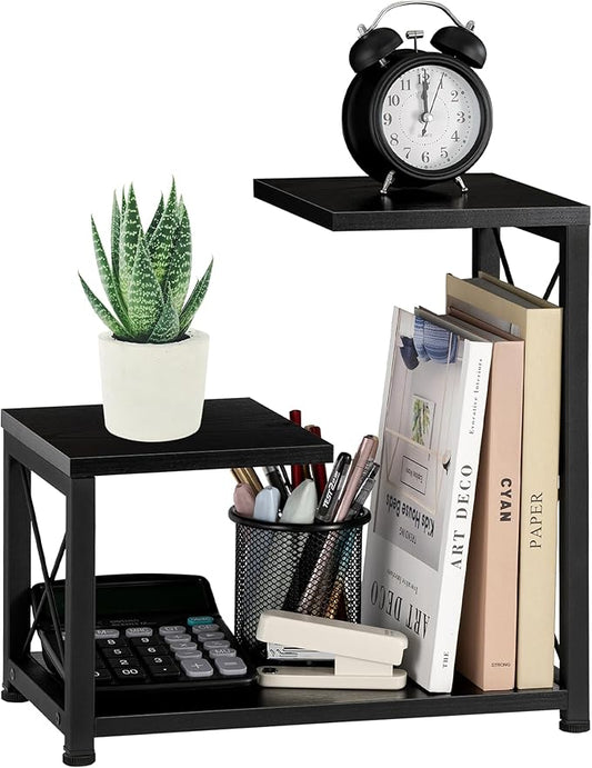 Desk Shelf Organizer, 3-Tier Wood Desk Bookshelf, Small Tabletop Book Shelf, Adjustable Display Rack for Office Decor and Desk Accessories,Rustic Black