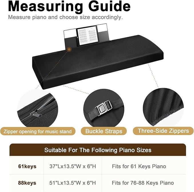 Explore Land Premium Piano Keyboard Dust Cover with Music Stand Opening - Stretchy Leather Piano Protector for 61-88 Keys Digital Electronic Piano (Black,61)
