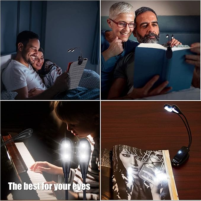 4 Pack Music Stand Lights, Eye Caring Clip-on Piano Light, USB & AAA Battery Operated, LED Book Reading Lamps, 4 Brightness, Ideal for Musician, Piano, Orchestra, Guitar, Travel (Dual Arm)