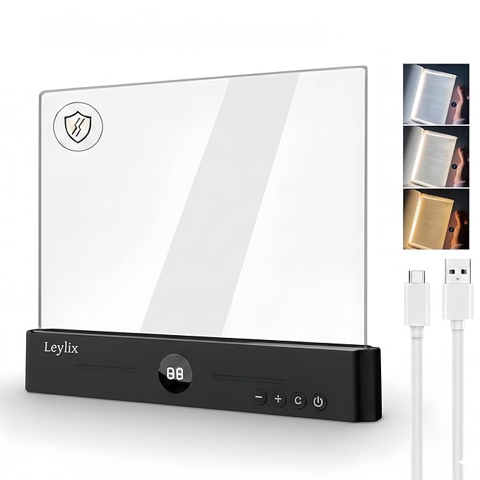 LED Flat Book Light for Reading in Bed, Eye-Caring Books Lights, 3 Color Temperatures & Stepless Dimmable, Portable Flat Panel Lamp Page, USB Rechargeable Night Light for Kids & Adults (Black)