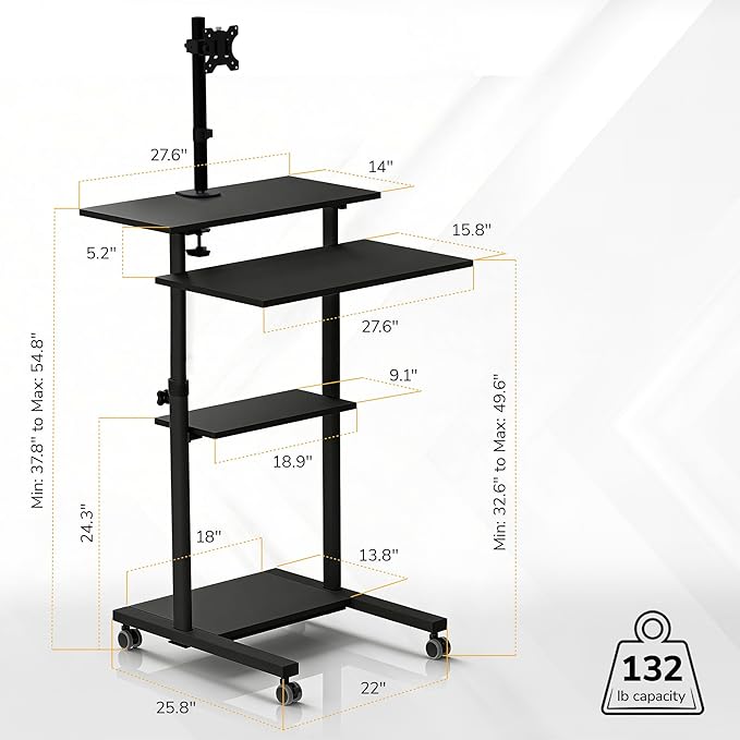 Mount-It! Mobile Computer Cart with Monitor Mount for Screen up to 32", Portable Desk on Wheels, Rolling Laptop Stand for Teachers, Office, Classroom, Rise up to 53", Podium, Keyboard Tray, Black