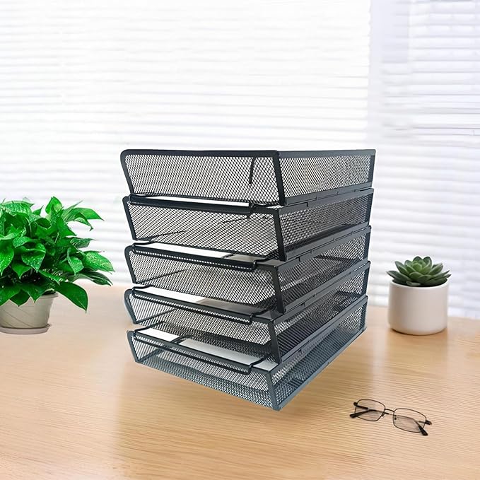 5 Tier Metal Mesh Desk Organizer-Stackable Letter Trays for Office Supplies,Black File Storage System with Reinforced Edges