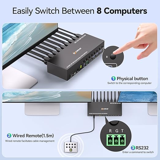 8 Port KVM Switch 2 Monitors 8 Computers 4K@60Hz EDID Simulation,8 PC HDMI Displayport Dual Monitor KVM Switch with 4 USB 3.0 Ports, Audio, RS232, Wired Remote, 12V Adapter & 8 USB Cables