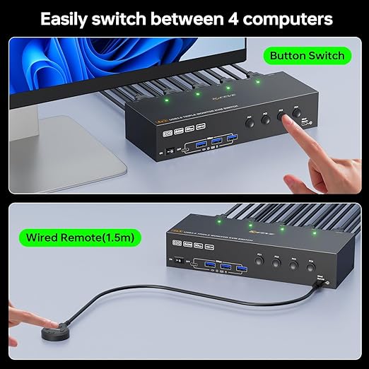 KVM Switch 3 Monitors 4 Computers 4K@60Hz,EDID Simulation,USB 3.0 HDMI Displayport KVM Switch Triple Monitor for 4 PC Share 3 Monitors and Keyboard Mouse Printer,with Wired Remote and 4 USB Cables